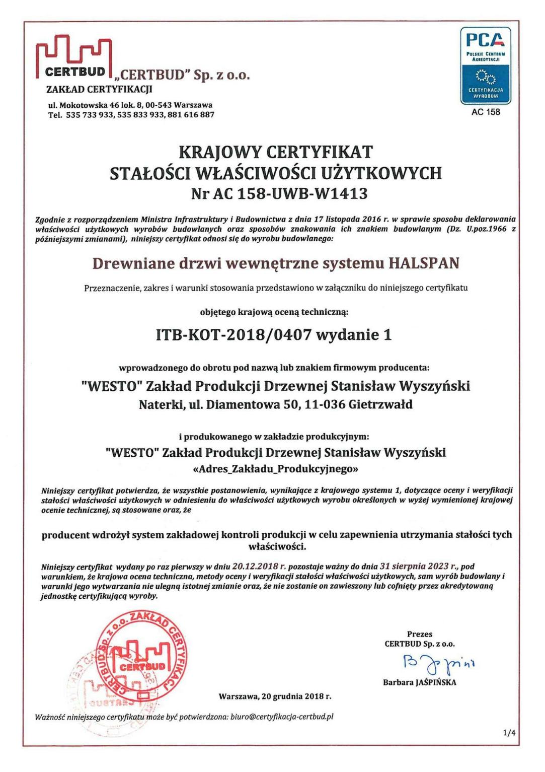 Certyfikat EI60 1